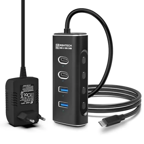 RSHTECH USB C 3.2 Hub Aktiv mit Netzteil, 4-in-1 USB C 3.1 Gen2 Hub mit 4*10Gbps USB-Datenport (2*Typ-C, 2*Typ-A), 60cm USB C kabel, 10W 5V2A Netzteil, Aluminium USB 3.2 Splitter Datenhub, RSH-A104C