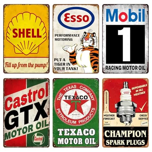 Set aus 6 Retro-Garagen-Tin-Schildern - Vintage Metallschilder zur Wanddekoration, 20 x 30 cm, Werkstatt, Bar und Raumdekoration
