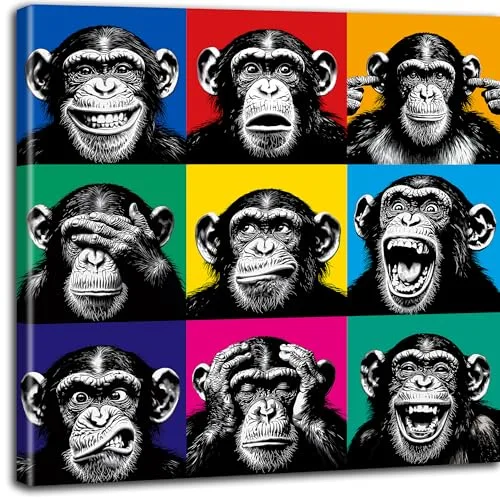 Objectz Pop Art Leinwandbilder – moderne Wandkunst-Drucke für Wohnzimmer oder Büro - Deko im PopArt Retro Stil für kreative Räume - verschiedene Motive + Formate (Affenbande, 45 x 45 cm)