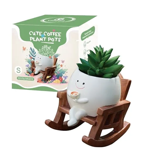 yiilead Blumentopf mit Smiley-Gesicht, süße Blumentöpfe für drinnen und draußen, einzigartiger Schaukelstuhl-Blumentopf für Sukkulenten mit Abflussloch, Geschenkideen für die Mutter (Kaffee)