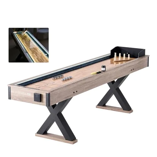 VEVOR Shuffleboard-Tisch 274 cm mit LED-Beleuchtung für Familienspielzimmer, Bowling-Kombispielset, mit kratzfestem Spielfeld, Beinen, 8 Pucks, Bowlingset, Wachs