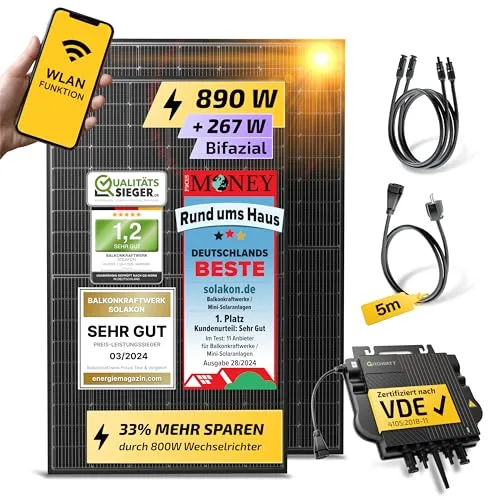 Solakon® 900W Balkonkraftwerk - Balkonkraftwerk 800W komplett Steckdose - neuester 800 Watt Wechselrichter - Solaranlage Komplettset - 450W bifaziale Solarmodule inkl. Zubehör - 5m Kabel