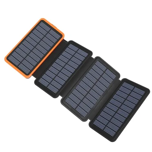 Solar Ladegerät Power Bank 27000mAh - BRENCIL Solar Powerbank 3A Schnelles Aufladen 3 Ausgängen mit 4 Faltbaren Solar-Panels Tragbares Ladegerät für Handys, Tablets (Orange)
