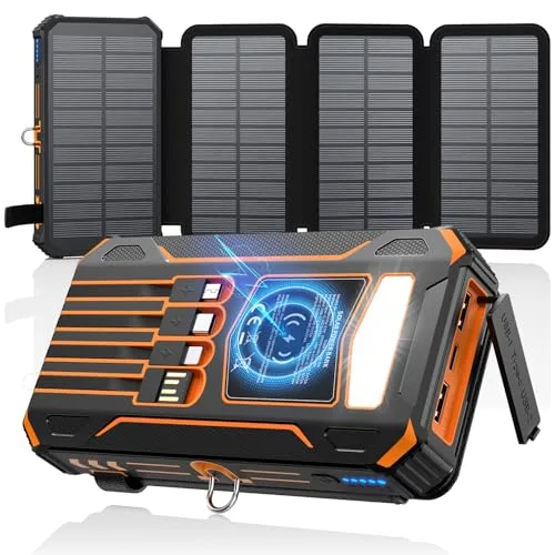 SOARAISE Wireless Solar Powerbank 27000mAh - Tragbare Solar Ladegerät mit 4 Kabel und 4 Solarpanels - 15W Schnellladung Externer Akku Power Bank mit LED Taschenlampe für Outdoor Camping (Orange)