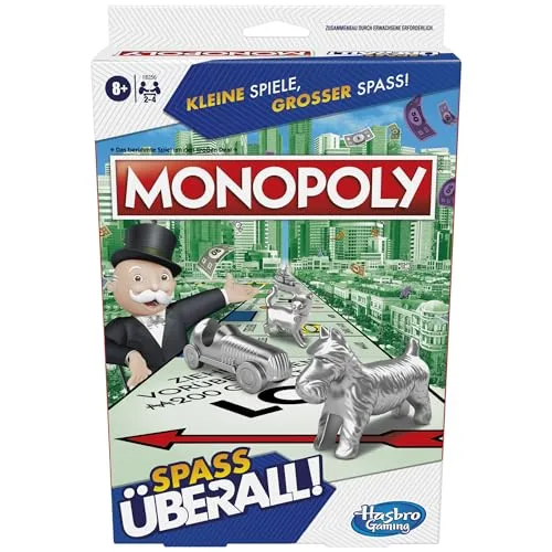 Monopoly Kompakt Brettspiel, klassisches Familienspiel in der Reiseversion für unterwegs, 2 bis 6 Spieler, Strategiespiel geeignet ab 8 Jahren, Reisespiel für die Familie