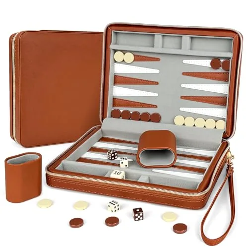 Lohofrnny Reise Backgammon-Sets, Tragbares Klassisches Backgammon Mini-Spielset, 2 Spieler Magnetische Strategie Brettspiel für Erwachsene Kinder (Braun)