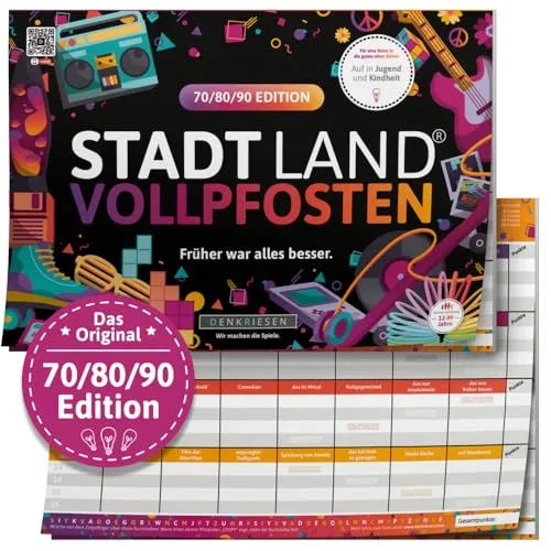 DENKRIESEN - Stadt Land VOLLPFOSTEN® - 70/80/90 Edition - Früher war Alles Besser. | Spielblock | Familienspiel | Stadt Land Fluss | DIN A4 | Geschenkidee | Spaß vorprogrammiert