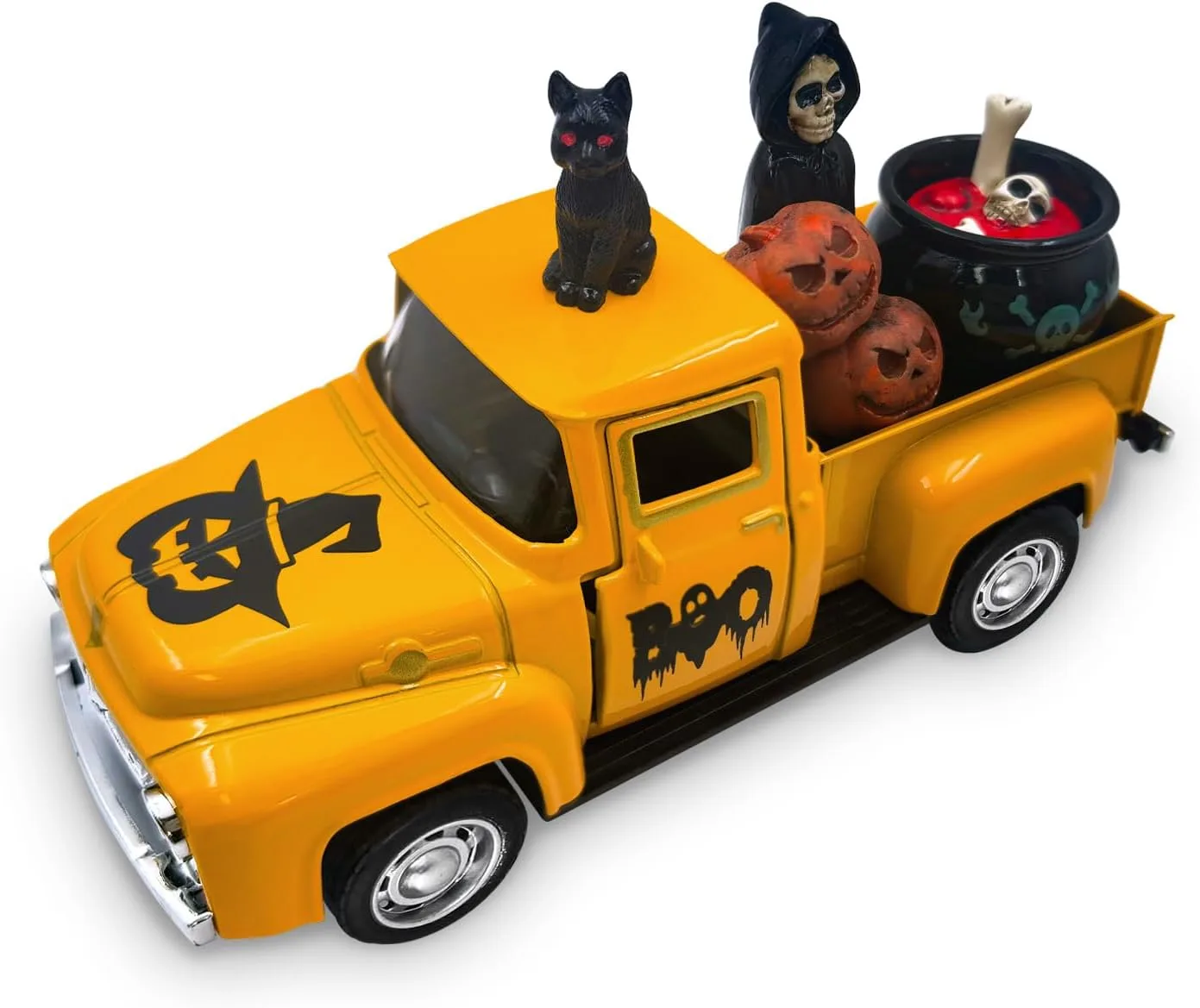 Halloween Deko, Vintage Metall Truck mit Miniatur Harz Kürbis Skelett Hexe Schwarz Katze und Geist Ornamente für Tischdeko Halloween Harz Figuren Deko für Kaminsims Haus Terrorparty Geschenke