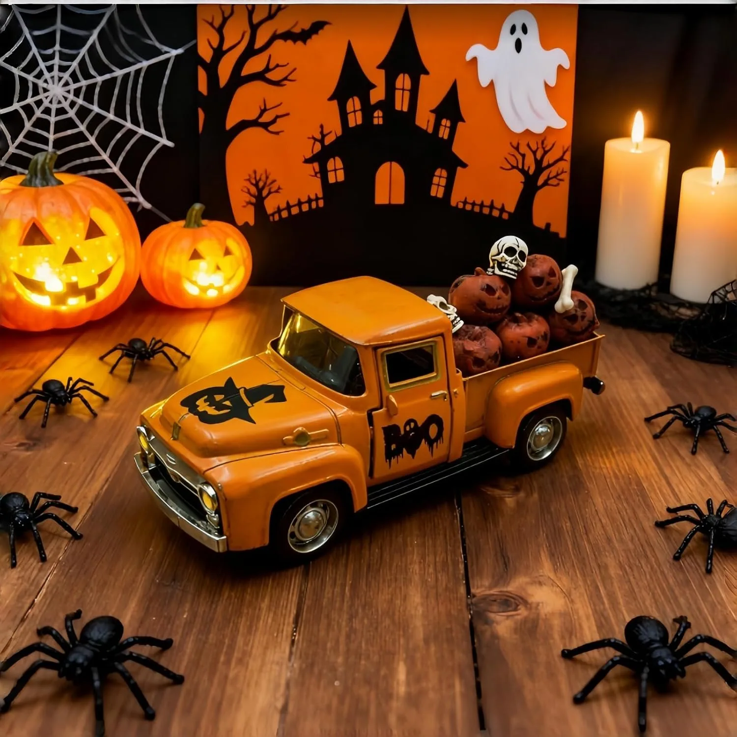 Halloween Kürbis Deko, Vintage Metall Truck mit Miniatur Skelett und Mini Kürbis für Zuhouse, Gruselige Halloween Miniatur Figuren Deko für Mottoparty Kaminsims Haus Tisch Centerpieces Geschenke