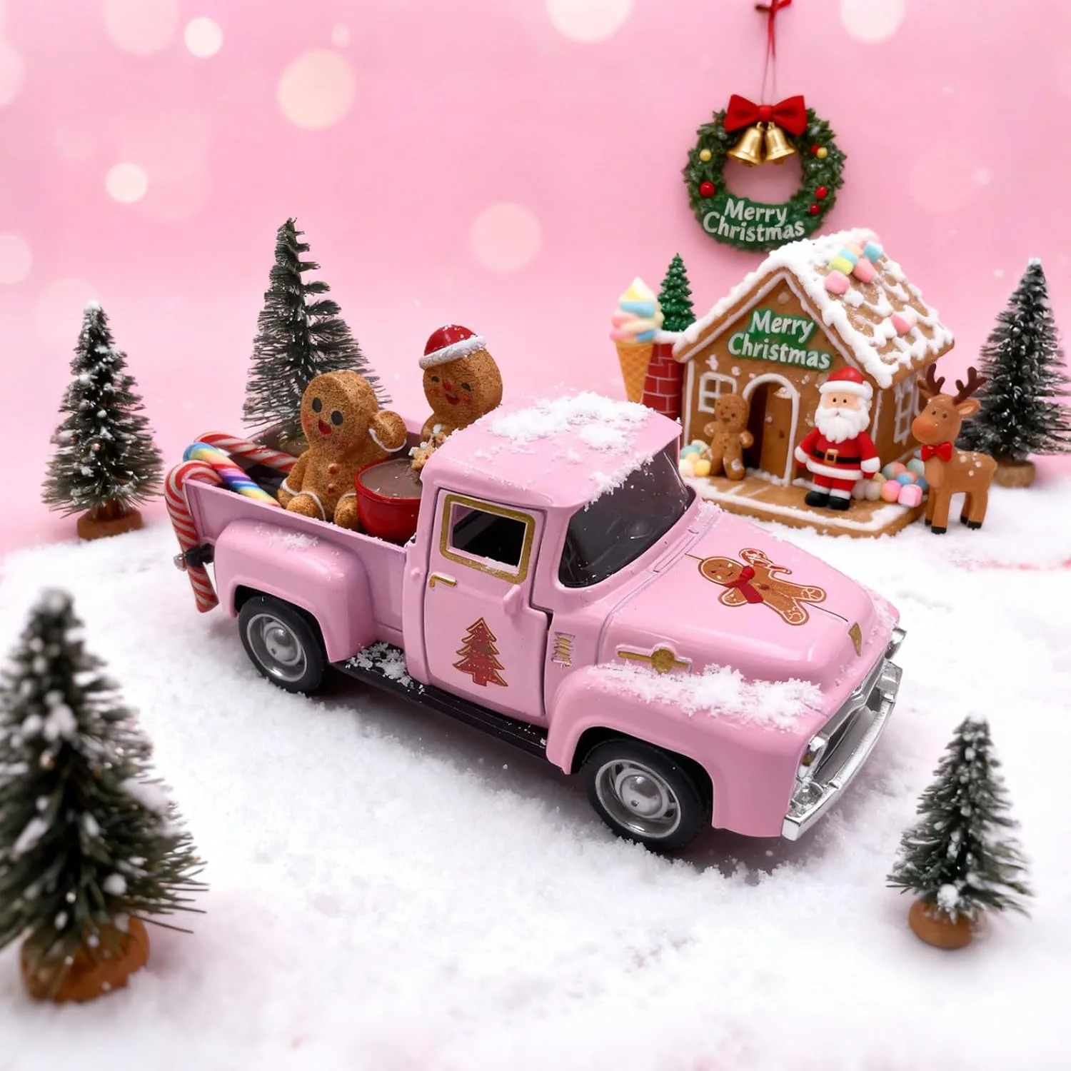 Lebkuchenmann Weihnachtsdeko Inner, Vintage Metall Truck mit Mini Weihnachtsbaum, Lebkuchenmann, Zuckerstangen, Miniatur Weihnachts Deko für Advent Küche Kaminsims Zuhause Centerpieces Tischdeko