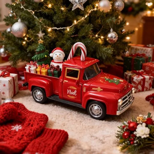 Weihnachtsdekor, Vintage Rot Metall Truck mit Mini-Weihnachtsbaum, Schneemann, Zuckerstangen Geschenke Weihnachtsdeko Innen Figuren für Haus, Weihnachten Deko für Küche Kaminsims Centerpieces Tisch