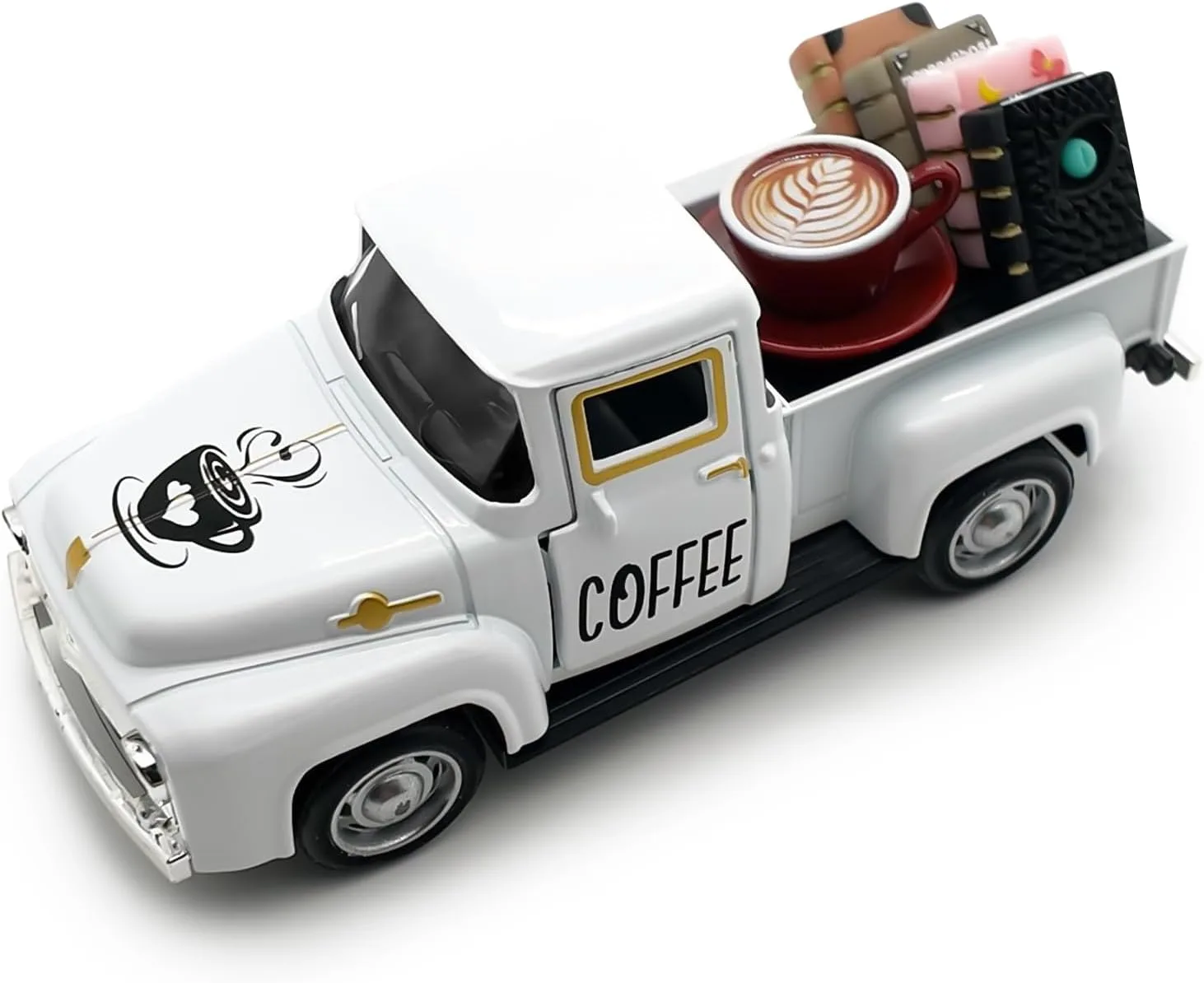 Kaffee Deko, Vintage Metal Truck mit Mini Bücher und Kaffees Schild für Tisch, Kaffee Ecke Deko, Oldtimer Kaffeemaschine Deko für Café Bar Küche Esszimmer Wohnzimmer Centerpieces Geschenke, Weiß
