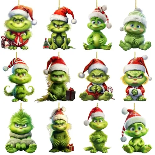 Grinch Weihnachtsdeko Anhänger – 12-teiliges Set | Hochwertige 2D-Acrylanhänger mit niedlichen Designs | Perfekt für Weihnachtsbaum, Fenster & Zuhause | Festliche Dekoration