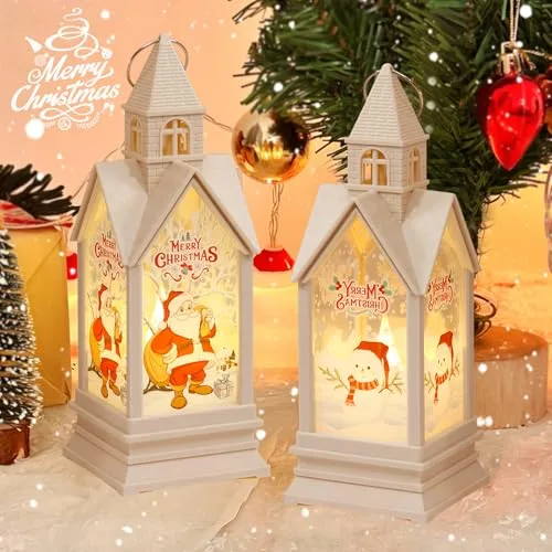2 Stück Weihnachtsdeko Laterne Häuser Weihnachtslaterne mit LED, Weihnachten Deko Weihnachtsmann Schneemann Häuser Laterne Hängend Weihnachtsdekoration Laterne Beleuchtete Windlicht Warmweißes