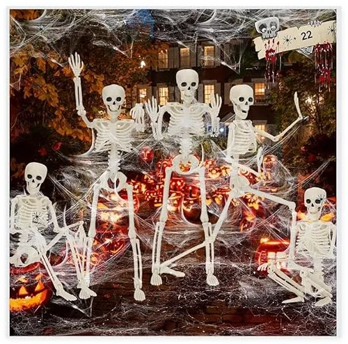 Halloween Deko Skelett 5 Stück, 40cm Hängende Skelett Scary Deko Outdoor mit Beweglichen Gelenken Realistische Skeleton Halloween mit 22 Spinnen1 Spinnweben für Dekoration Außen,Garten,Terrasse