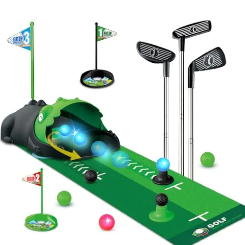 TERRAMUS Verbessertes Minigolf Set Spielzeug für Kinder, 14PCS Indoor Outdoor Golfkoffer Spiel Set mit 2 bunten Golfschläger, 6 Bälle, Putting Matte Spielzeug für Jungen