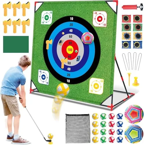 Mostop Golf Chipping Spiel mit Ständer-Golf-Zielspiel mit Putting-Matte, 12 klebrigen Bällen, 6 Äxten, 2 Fußbällen, 8 Beanbags, Outdoor-Golfspiel für Chipping-Übungen für golfbegeisterte Väter