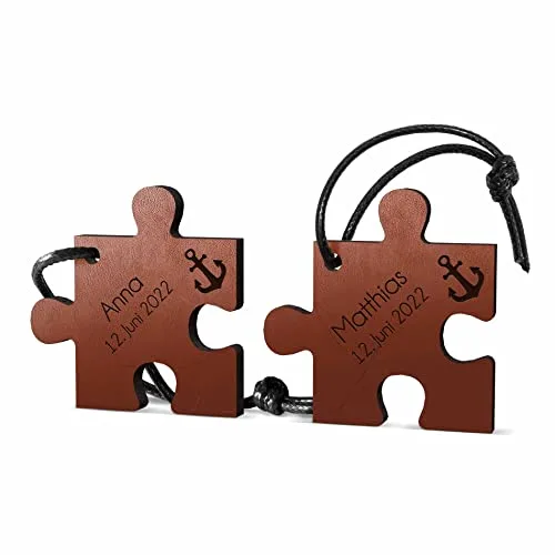 Echte Leder Schlüsselanhänger mit Namen - Gravur Puzzle Anhänger - Paar Liebes Geschenk für Männer und Frauen - 2 gravierte Lederanhänger - Partner Anhänger als Geschenkidee Hochzeitstag Jahrestag