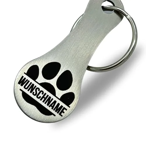 Einkaufswagenlöser mit Wunschgravur Pfote Schlüsselanhänger Wunschname Haustier Hundeliebhaber Einkaufschip mit Lasergravur Abziehbar Einkaufswagenchip Edelstahl Metall