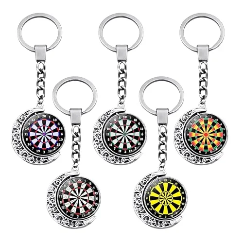 Syrvnto Dartscheibe Schlüsselanhänger 5er Set, 360° Drehbarer Schlüsselbund mit Kristallglas, Mondanhänger, Hanging Keychain Deko Dart Geschenk für Männer, Dartspieler, Sportfans