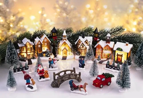 infactory Winterdorf Deko: 25-teiliges Deko-Weihnachtsdorf mit 6 LEDs, Batteriebetrieb (Weihnachtsdorf Fensterbank, komplettes, Weihnachtsbaumbeleuchtung)