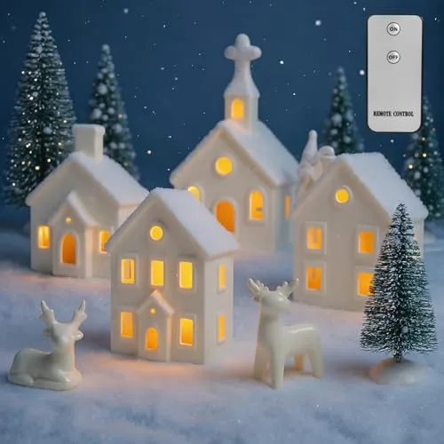 Weihnachtsdorf Dekoration Set mit LED Beleuchtung & Fernbedienung, 4 Häuser, 2 Rentiere, 2 Weihnachtsbäume, 1 Weihnachtsmann & 4 Teelichter, Komplettset für festliche Atmosphäre (Weiße Weihnachten)