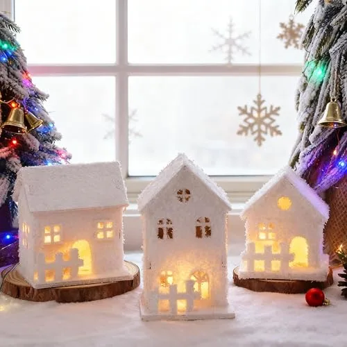 GWAEPU Weihnachtsdorf mit Beleuchtung Weihnachtsdeko: 3 Stück Mini Holz Dekohaus Warmlicht Winter Dekoration Wichtelhaus für Innen Feste Weihnachten (Weiß)