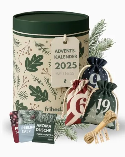 frihed.® Wellness Adventskalender 2025 – Limitierte Geschenkidee für Frauen & Männer – Wellness Geschenkset mit 24x Peelingsalzen & Duschbomben – Für Entspannung, Sauna, Dusche & Badewanne