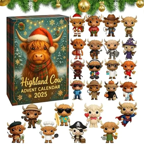 Weihnachten Adventskalender 2025, 24 Modelle Highland Cow Weihnachtskalender Adventskalender 2025 Countdown-Kalender Blind Box, perfektes Geschenk für Jungen, Mädchen (A)