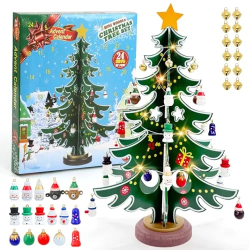 Adventskalender 2025 Holz Weihnachtsbaum mit 36 Anhängern und LED Lichterkette, 24 Tage Countdown Mini Weihnachtsbaum Tischdeko Geschenk für Jungen und Mädchen