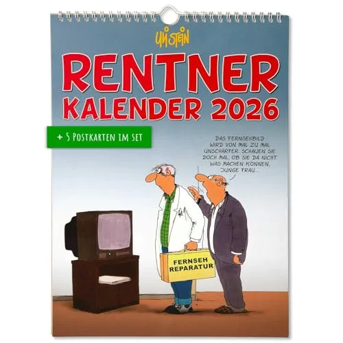 Uli Stein Kalender 2026 - Wandkalender Rentnerkalender - 240x330mm - Jahreskalender mit Motiv Seiten & Spiralbindung +5 Postkarten Geschenk - Cartoon Kalender - Monatskalender mit lustigen Sprüchen