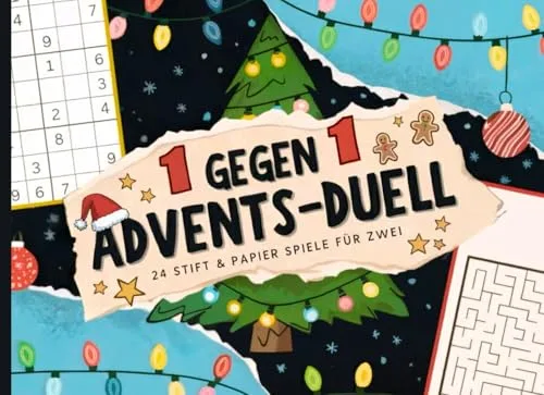 1 gegen 1 Advents-Duell: 24 Stift & Papier Spiele für Zwei | Mitmach Adventskalender mit 24 lustigen Minispielen für 2 Personen, Perfekt zum Verschenken für Geschwister, Paare oder Eltern