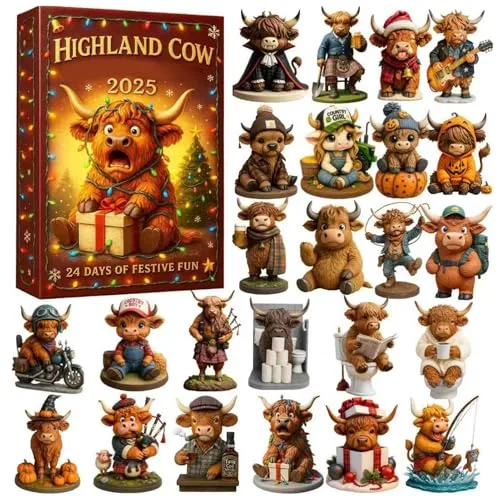 Highland Cow Adventskalender 2025 | 24 Tagen Hochlandrind 3D Aufhängbare Ornamente, Für Baumzweige Fensterbänke Wand Tür Schlafzimmerfenst