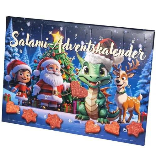 WURSTBARON® Draco Salami Adventskalender – 24 Mini Wurst Sterne und Herzen, Snacks und Leckereien für Kinder zu Weihnachten – hochwertige Qualität und rauchige Aromen, 40,8 g