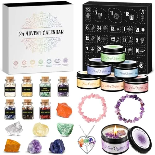 Adventskalender 2025 Frauen Chakra Duftkerzen mit Edelsteine, Geschenke für Yoga Entspannung, Meditation, Spirituelle, Wellness, Kerze Heilsteine Kristalle Weihnachtsgeschenke für Damen Freundin Mama