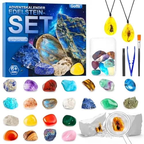Adventskalender 2024 für Kinder, Excavation Set for Children, Natural Gemstones and Crystals, Mineral Stones for Children from 6 7 8 9 10-12 Years