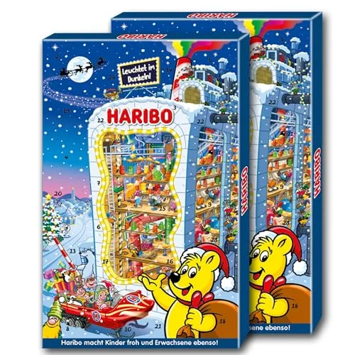 HARIBO Adventskalender 2025 – 2er Set mit 24 Mini-Tüten pro Kalender (2x300g) | Gummibärchen, Fruchtgummi & Maoam | Süßigkeiten Weihnachtskalender im Doppelpack für Kinder & Familien