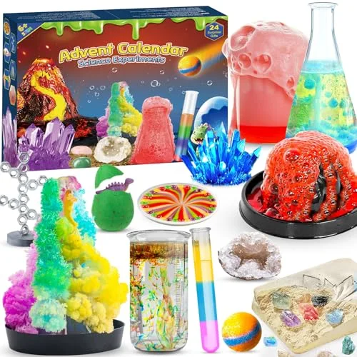 Adventskalender 2025 Experimente für Kinder - 24-tägiger Weihnachtskalender mit Kristalle Züchten, Edelsteine Ausgraben,Chemie Kit, Weihnacht STEM Wissenschaft Geschenk für Jungen Mädchen Ab 6 Jahren