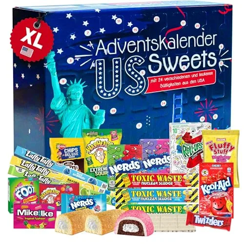 Adventskalender amerikanische Süßigkeiten 2025 mit 24 Überraschungen in Süß & Sauer, US Sweets inklusive Laffy Taffy, Lemonhead, Nerds, Hostess u.v.m.