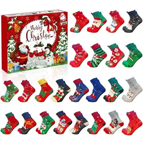 Weihnachten 2025 Adventskalender Socken mit 24 Paar – 24 Tage Countdown-Kalender Socken Perfekte Geschenkidee für Männer und Frauen (Rot-36-42)