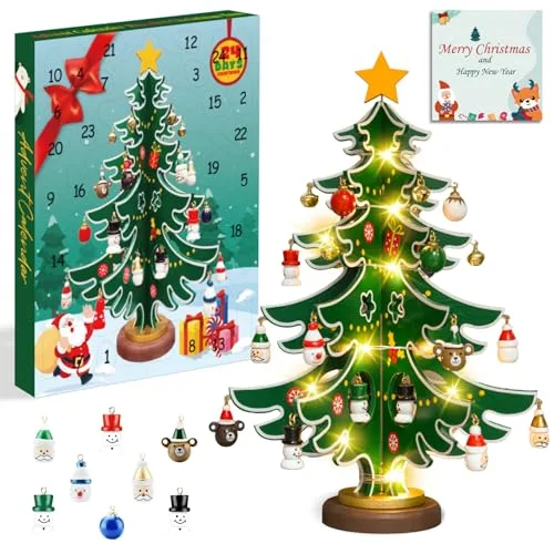 Etopgo Adventskalender 2025, Hölzerner Weihnachtsbaum und 30 Ornamenten, 24 Tage Weihnachten Countdown Adventskalender für Erwachsene, Jungen, Mädchen Weihnachtsdeko Anhänger