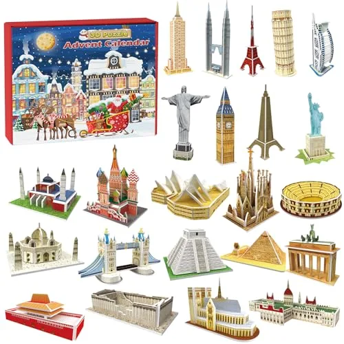 Adventskalender 2025 Kinder für 3D Puzzle,24 Tage Weihnachten Adventskalender,24 Pcs Mini 3D Puzzles,Weltarchitektur-Puzzle-Geschenk,geeignet für Jungen,Mädchen und Geografie-Liebhaber