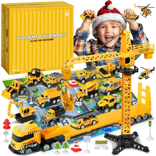 Adventskalender Auto 2025 Baufahrzeuge aus Legierung für Kinderspielzeug, Verschiedene Auto-Sets für Jungen und Mädchen, inklusive Spielmatte