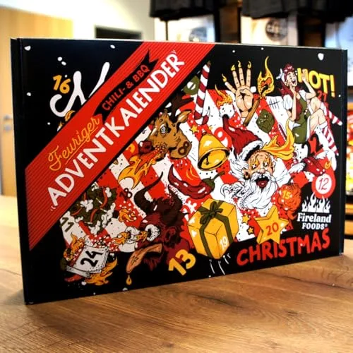 Chili- und BBQ-Adventskalender mit 24 Produkten | von mild bis höllisch | Geschenk für Advent und Weihnachten | Geschenk für Männer | Version mit Türchen | 1170g Füllgewicht