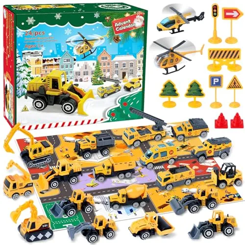 Adventskalender 2025 Kinder, Adventskalender Auto Kinder Spielzeug ab 3-12 Jahre Junge Mädchen Weihnachtskalender Baustelle 24 Tage Weihnachts Countdown Kalender Baufahrzeug Kleine Geschenk Jungen