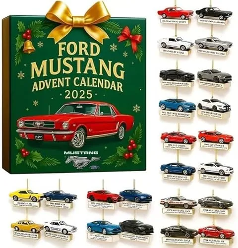 Adventskalender 2025 für Kinder, Auto Hängende Ornamente 24 Tage Weihnachten Countdown Geschenk, Adventskalender mit Feuerwehrauto, Pickup Truck, Motorrad für Erwachsene & Jungen (Ford Mustang)