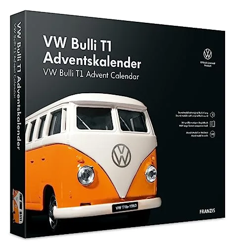 FRANZIS 55134 - VW Bulli T1 Adventskalender, Metall Modellbausatz im Maßstab 1:43, inkl. Soundmodul und 52-seitigem Begleitbuch