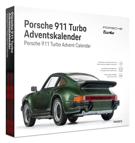 FRANZIS 67233 - Porsche 911 Turbo Adventskalender - Modellbausatz im Maßstab 1:43, inkl. Soundmodul und 52-seitigem Begleitbuch
