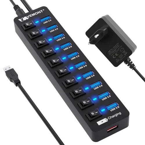 USB Hub Aktiv 3.0 mit Netzteil, VEMONT 11 Ports USB Verteiler (10*3.0 Ports,1 Intelligenter Charging Port)mit 12V/3A Netzteil,USB Splitter mit Individuellen Schalter & 1,2m Langes Kabel für PC/Laptop