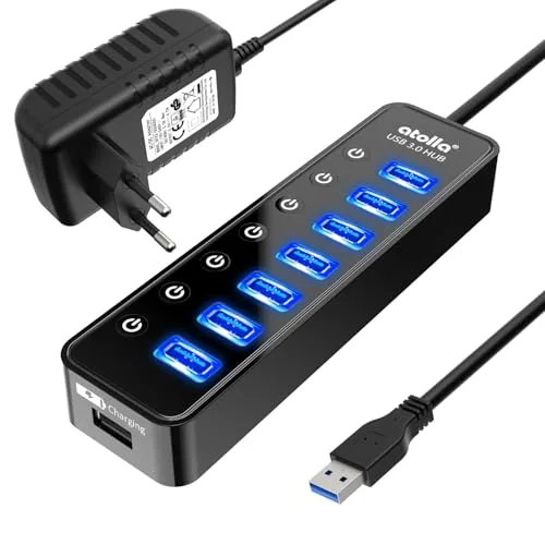 atolla USB Hub Aktiv 3.0 mit Netzteil, 7 Ports USB 3.0 Hub aktiver Datenhub mit Schalter und 1 Intelligenter Charging Port und 20W(5V/4A) Netzteil Adapter